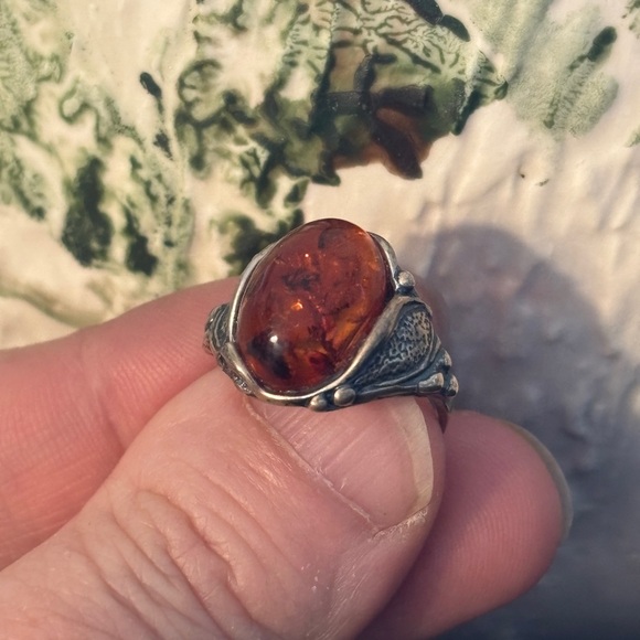 Jewelry - Vintage Sterling Silver Baltic Amber Ring Cognac Cabochon Size 4.5